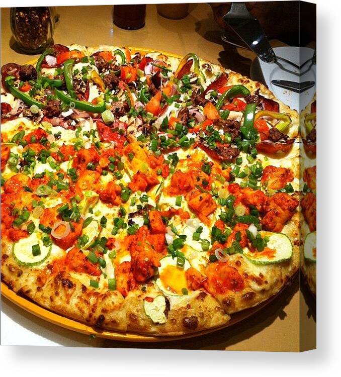 Goodfood Canvas Print featuring the photograph #pizza #woodfire #chicken #toppings by Moon Man