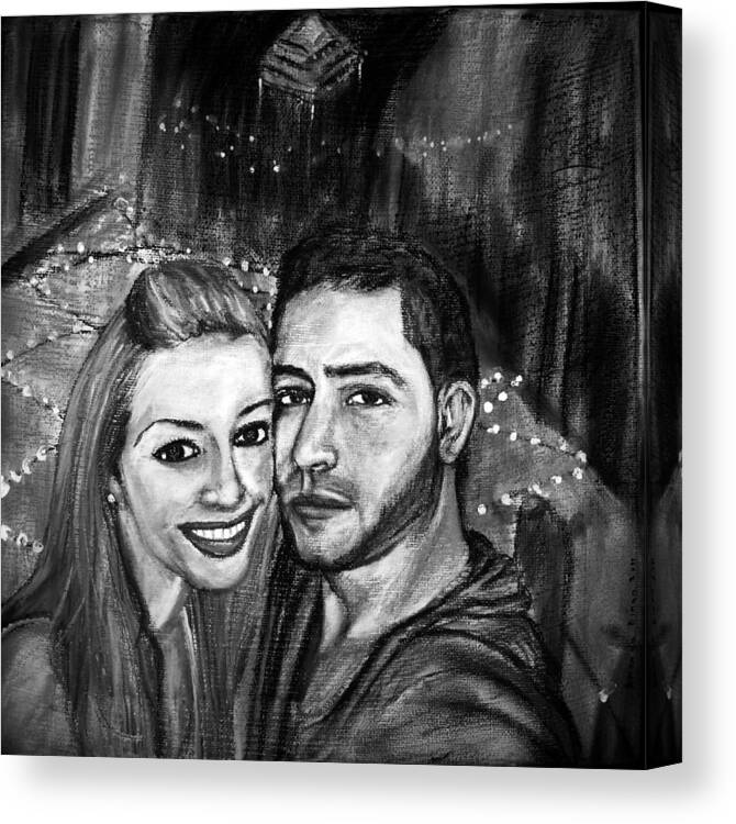 Young Couple In Black And White Canvas Print featuring the pastel Portrait in black and white by Amanda Dinan