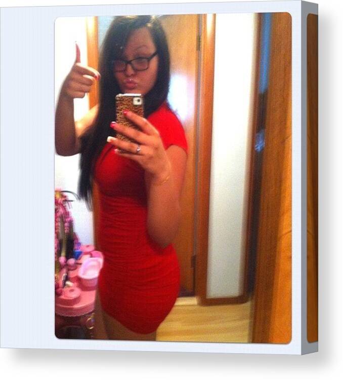 Dark Canvas Print featuring the photograph #red #dress #glasses #dark #hair #long by Amber Baby