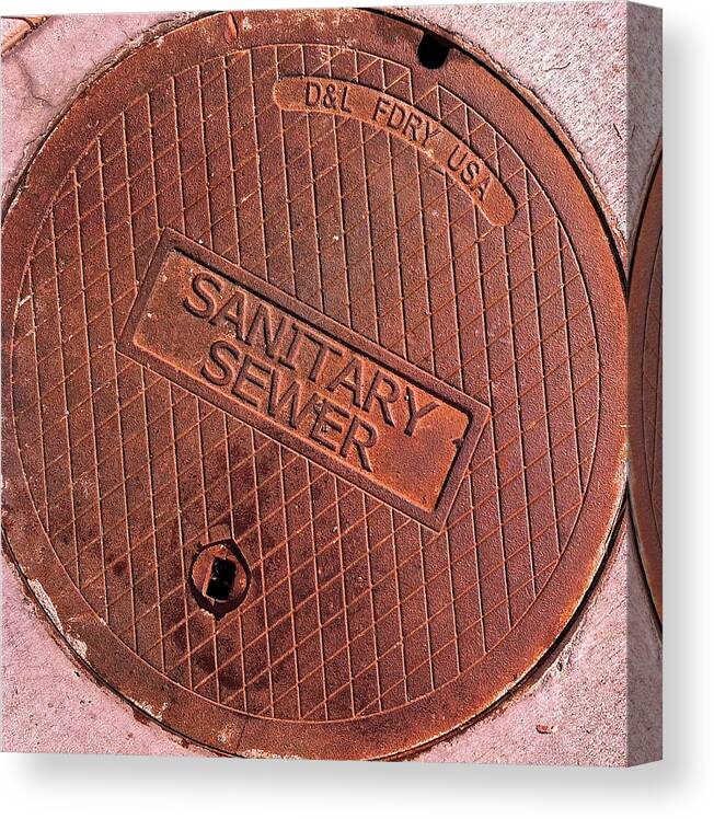 Sign Photographs Canvas Print featuring the photograph Sewer Cover by Bill Owen