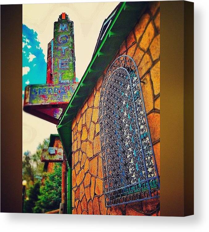 Flagstaff Canvas Print featuring the photograph #sign #motel #vintage #brick #window by CactusPete AZ