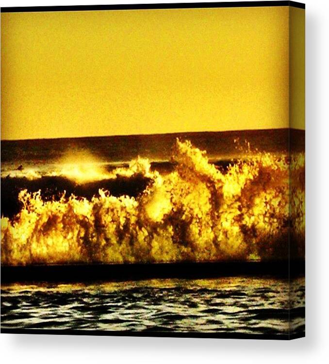 Yellow Canvas Print featuring the photograph Sunset Waves #sunset #waves #yellow by David Sabat