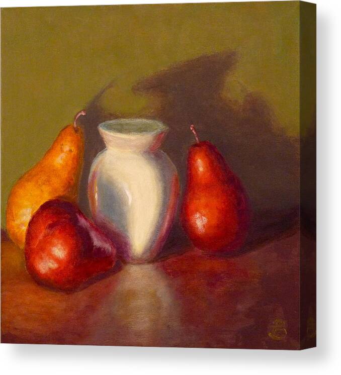 Still Life Canvas Print featuring the painting Three Pears by Joe Bergholm