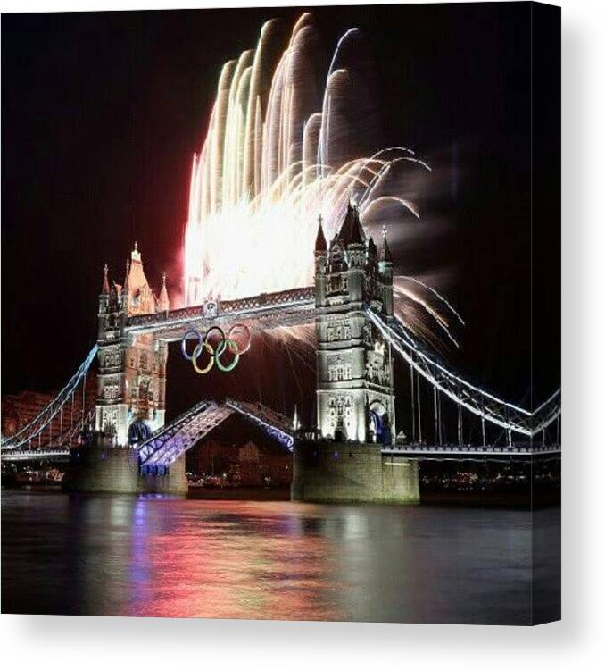 Olympics London 2012 Tower Bridge Fireworks Canvas Print featuring the photograph Tower Bridge Fireworks by Lynda Larbi