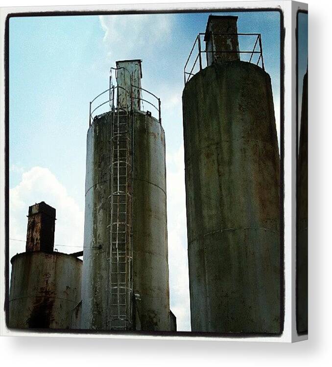 Industrial Canvas Print featuring the photograph #towers #industrial #tanks #tall #three by Tracy Hager
