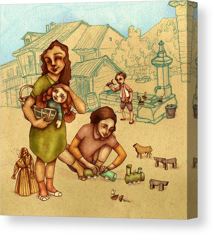 Children Illustration Canvas Print featuring the painting Traditional Game 3 by Autogiro Illustration