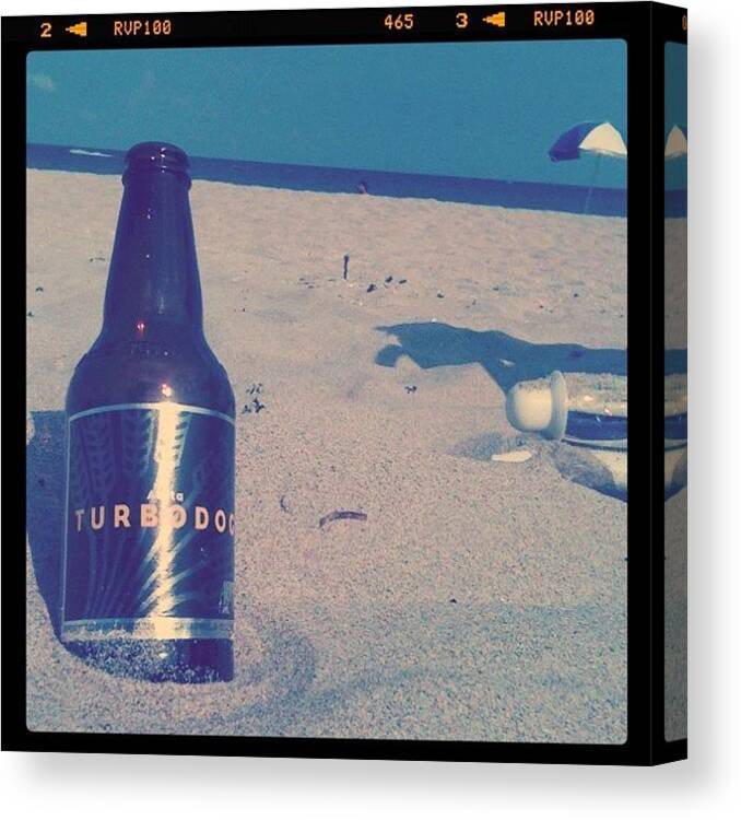Shadows Canvas Print featuring the photograph #turbodog #beer #beach #ocean #chill by Emily W