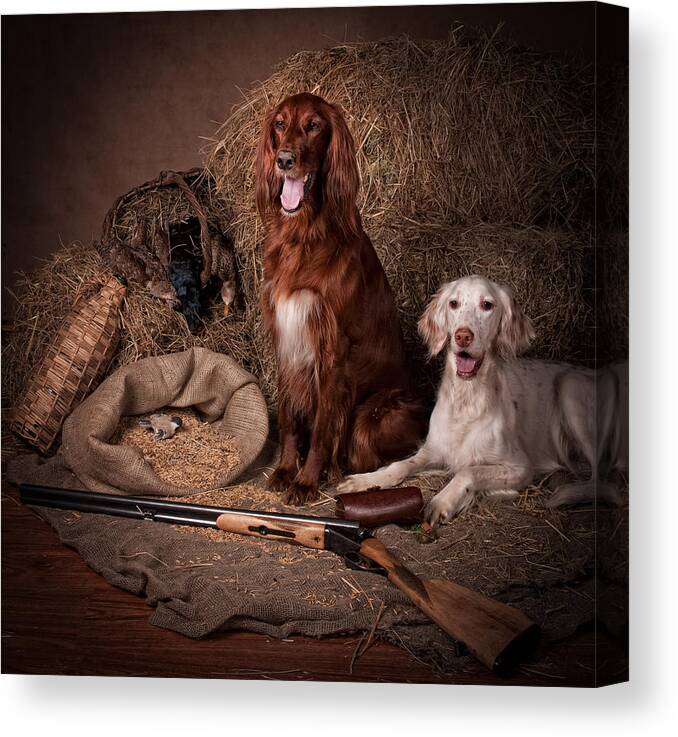 Setter Canvas Print featuring the painting Two setters with the gun... by Tanya Kozlovsky