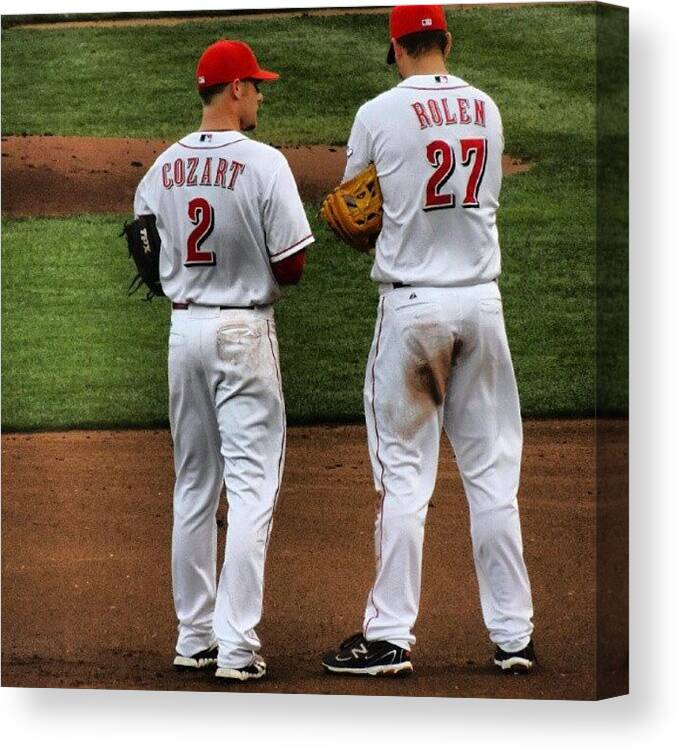 Zack Cozart Canvas Print featuring the photograph Vet Teaching The Rook by Reds Pics