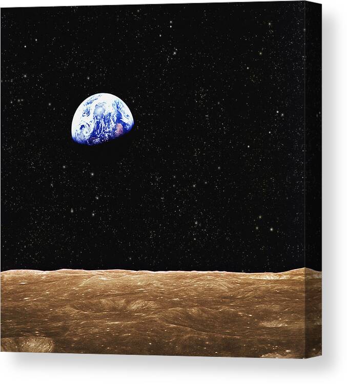Vertical Canvas Print featuring the photograph View Of Earth From The Moons Surface by Design Pics