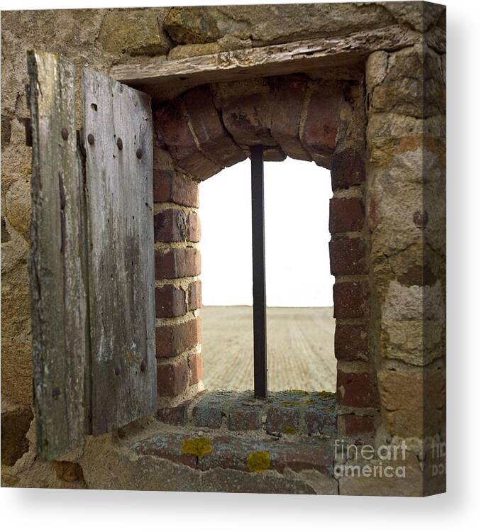 Windows Canvas Print featuring the photograph Window of a derelict house overlooking field by Bernard Jaubert