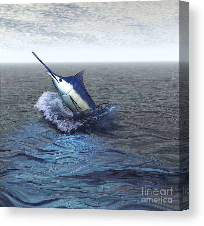 Marlin Canvas Print featuring the digital art A Blue Marlin Bursts From The Ocean #1 by Corey Ford