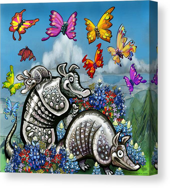 Armadillos Canvas Print featuring the digital art Armadillos Bluebonnets and Butterflies #2 by Kevin Middleton