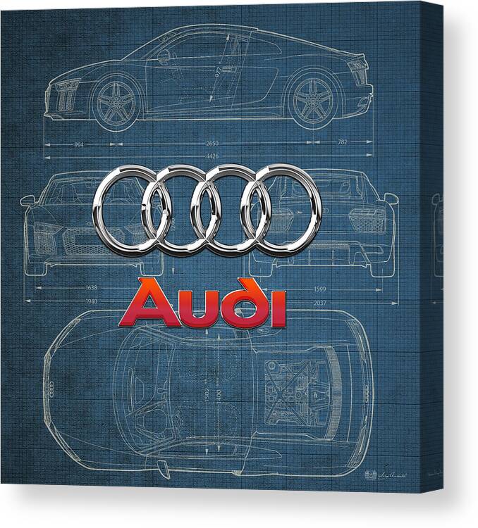  �wheels Of Fortune� Collection By Serge Averbukh Canvas Print featuring the photograph Audi 3 D Badge over 2016 Audi R 8 Blueprint by Serge Averbukh
