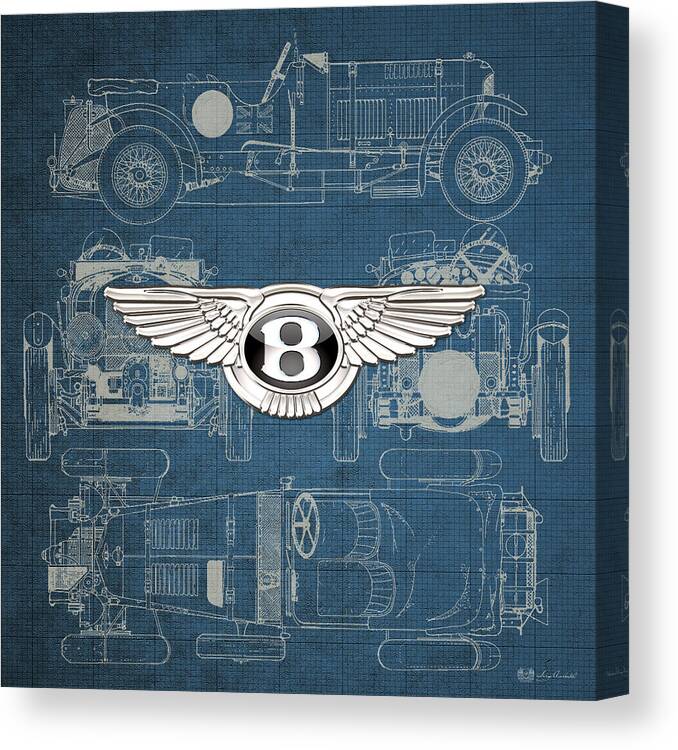 �wheels Of Fortune� By Serge Averbukh Canvas Print featuring the photograph Bentley - 3 D Badge over 1930 Bentley 4.5 Liter Blower Vintage Blueprint by Serge Averbukh
