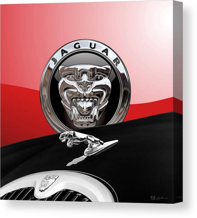 'auto Badges' Collection By Serge Averbukh Canvas Print featuring the photograph Black Jaguar - Hood Ornaments and 3 D Badge on Red by Serge Averbukh
