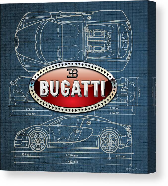 �wheels Of Fortune� By Serge Averbukh Canvas Print featuring the photograph Bugatti 3 D Badge over Bugatti Veyron Grand Sport Blueprint by Serge Averbukh
