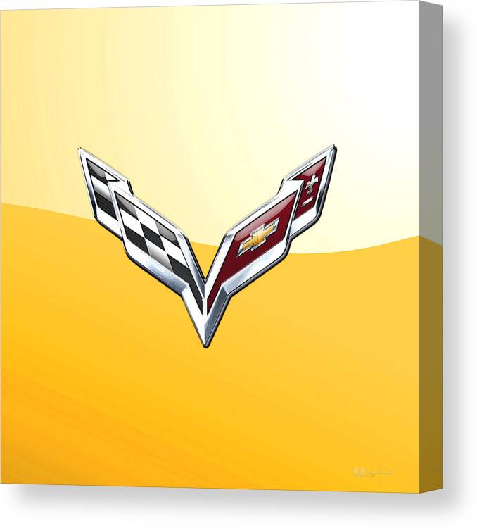 �wheels Of Fortune� Collection By Serge Averbukh Canvas Print featuring the photograph Chevrolet Corvette 3D Badge on Yellow by Serge Averbukh