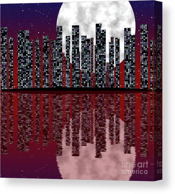 City Canvas Print featuring the photograph City skyline at full moonCity skyline with fullmoon #1 by Michal Boubin