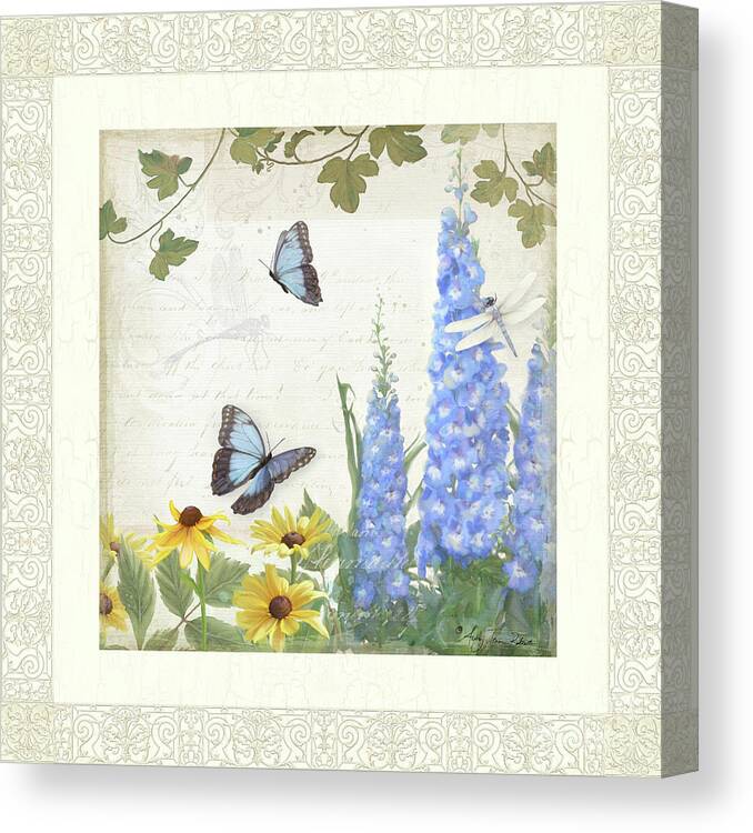 E Petit Jardin Canvas Print featuring the painting Le Petit Jardin 1 - Garden Floral w Butterflies, Dragonflies, Daisies and Delphinium by Audrey Jeanne Roberts