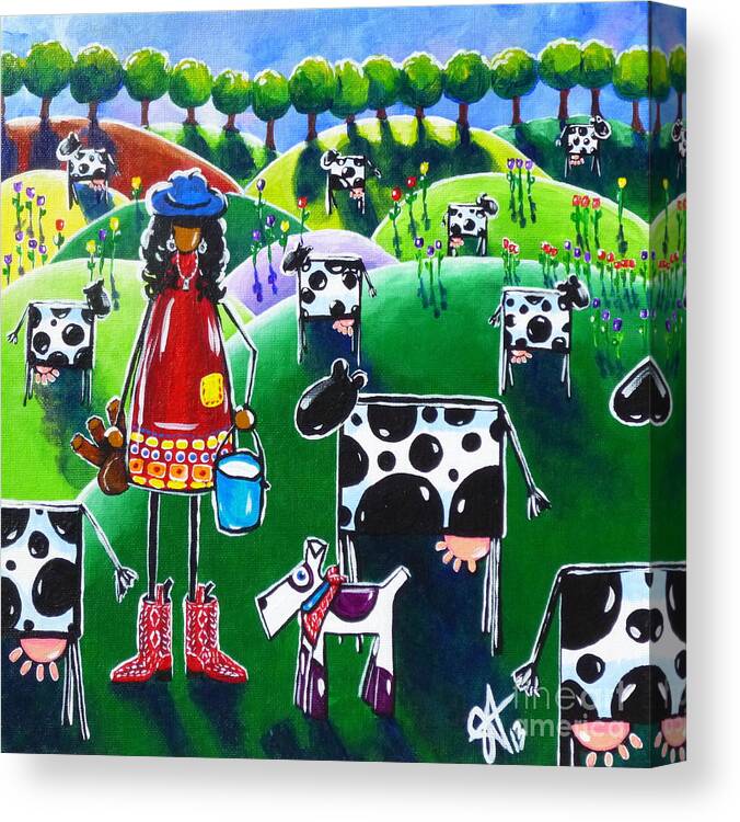 Cow Canvas Print featuring the painting Moo Cow Farm Cows Dairy Farmers Ranch Flowers Trees Holsteins Dog Boots Bucket Jackie Carpenter by Jackie Carpenter