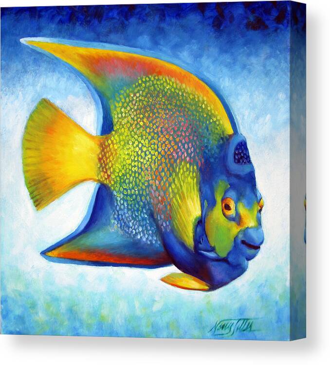Queen Angel Fish Canvas Print featuring the painting Queen Angelfish #1 by Nancy Tilles