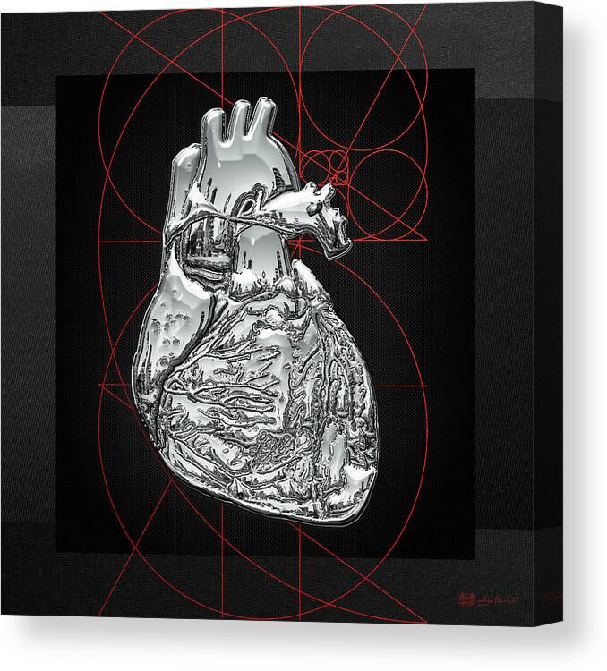 inner Workings Collection By Serge Averbukh Canvas Print featuring the photograph Silver Human Heart on Black Canvas #1 by Serge Averbukh