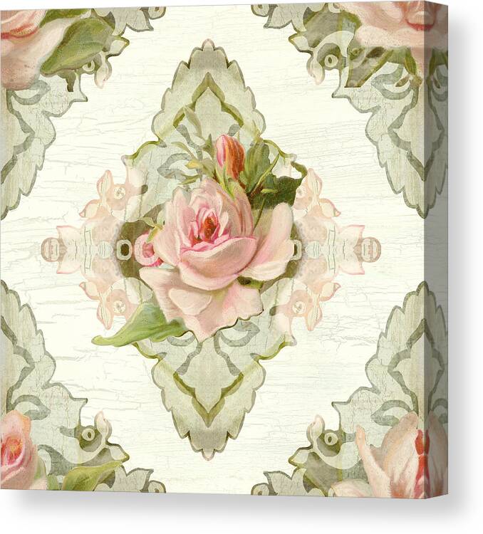 Vintage Canvas Print featuring the painting Summer At The Cottage - Vintage Style Damask Roses #3 by Audrey Jeanne Roberts
