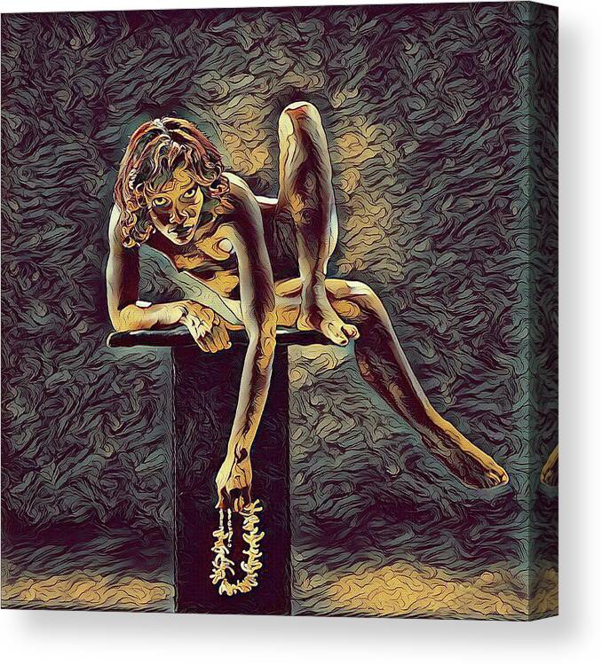 Fine Art Nude Canvas Print featuring the digital art 1003s-ZAC Necklace of Bones Held by Beautiful Nude Dancer by Chris Maher