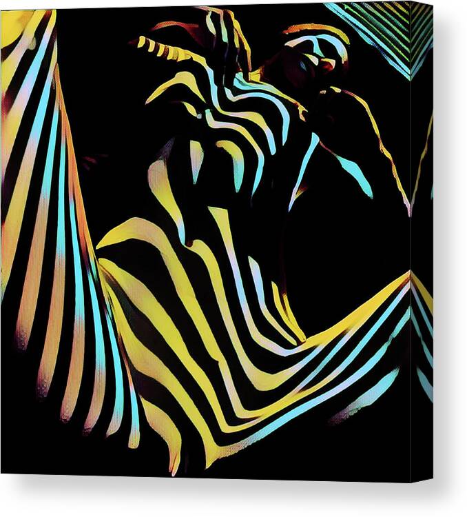 Colorful Canvas Print featuring the digital art 1149s-AK Dramatic Zebra Striped Woman Rendered in Composition Style by Chris Maher