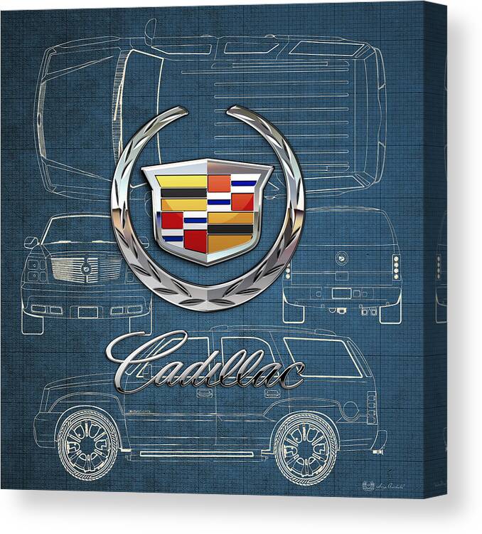 'wheels Of Fortune' By Serge Averbukh Canvas Print featuring the photograph Cadillac 3 D Badge over Cadillac Escalade Blueprint by Serge Averbukh