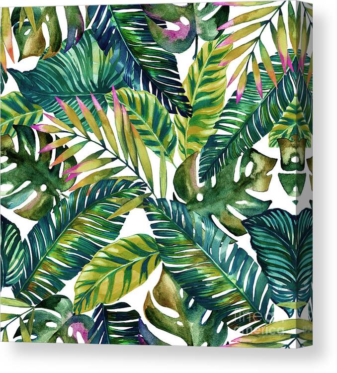 Tropical Leaves Canvas Print featuring the painting Tropical Green Leaves Pattern by Mark Ashkenazi
