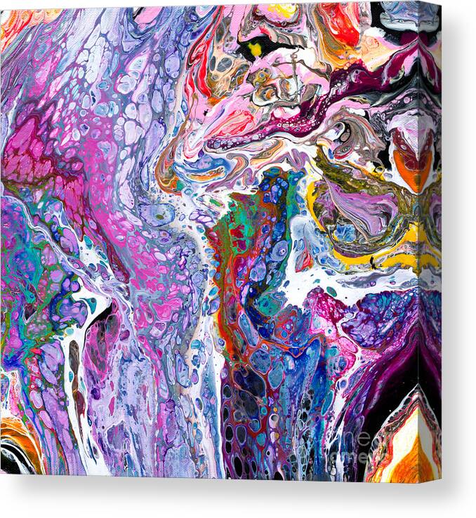  Vibrant Colorful Funky Original Contemporary Blue And Purple Dominate Joined By Every Other Color And Black And White Accents Canvas Print featuring the painting #217 Strange Pour Fav #217 by Priscilla Batzell Expressionist Art Studio Gallery