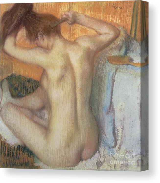 Back Canvas Print featuring the pastel Woman combing her hair by Edgar Degas