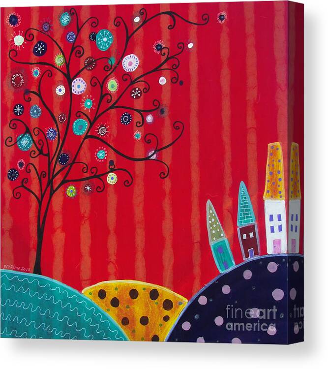 Tree Canvas Print featuring the painting Whimsical Town #4 by Pristine Cartera Turkus