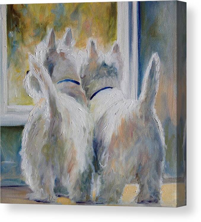 Westies Canvas Print featuring the painting 5 O'clock by Mary Sparrow