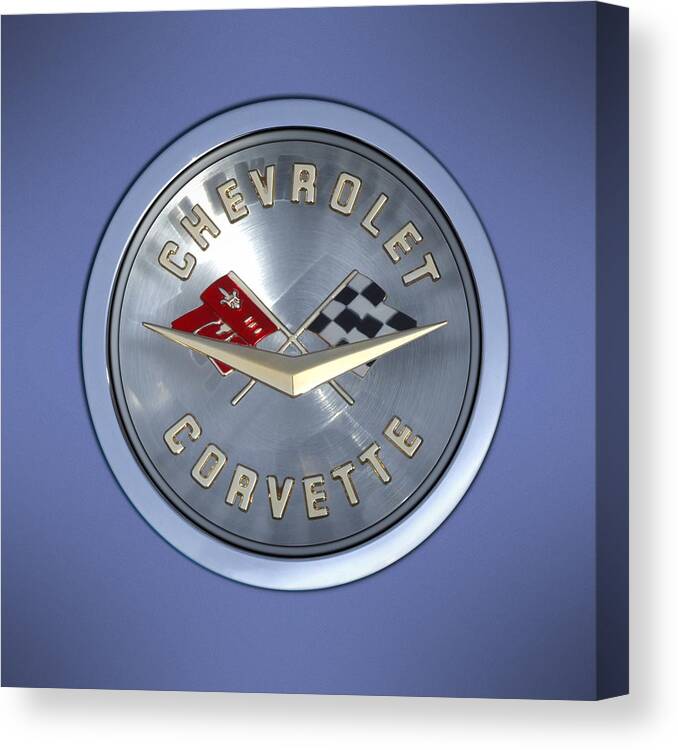 Chevrolet Corvette Canvas Print featuring the photograph 60 Chevy Corvette Emblem by Mike McGlothlen