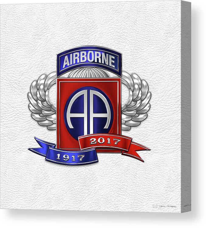 'military Insignia & Heraldry' Collection By Serge Averbukh Canvas Print featuring the digital art 82nd Airborne Division 100th Anniversary Insignia over White Leather by Serge Averbukh