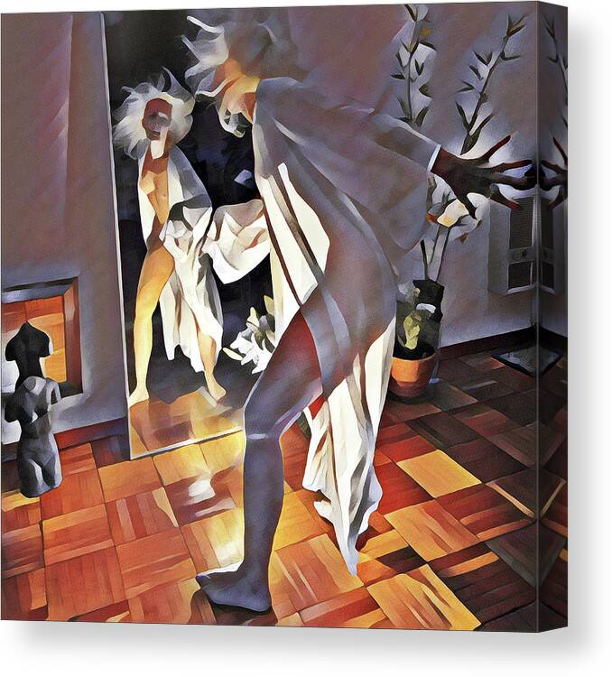 Square Canvas Print featuring the digital art 9926s-DM Watercolor Woman in White Confronts Herself in Mirror by Chris Maher
