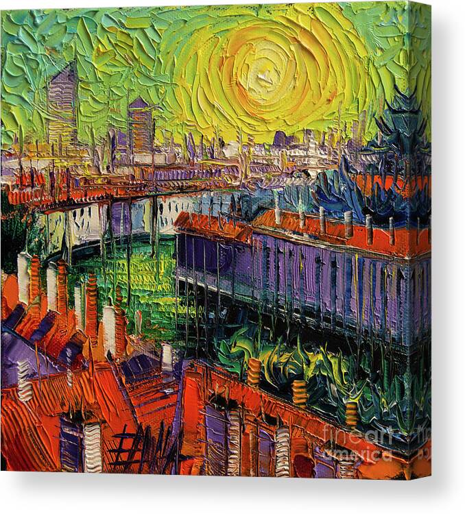 A Summer In Lyon Canvas Print featuring the painting A Summer in Lyon - Modern Impressionist Stylized Cityscape by Mona Edulesco