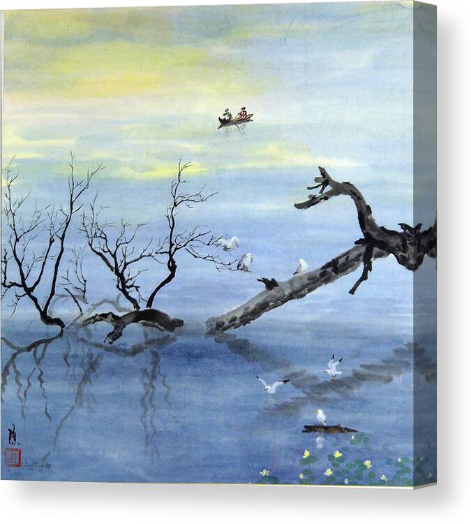 Nature Canvas Print featuring the painting A Tranquil Lake by Ying Wong