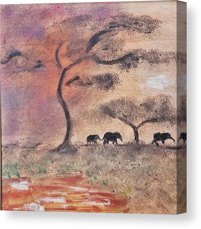 African Landscape Canvas Print featuring the painting African Landscape three elephants and banya tree at watering hole with mountain and sunset grasses s by MendyZ