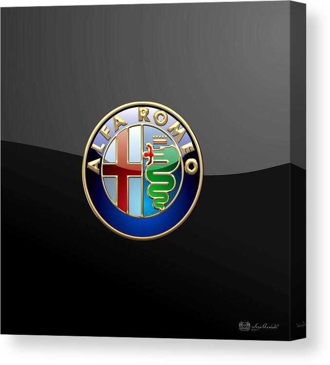 Wheels Of Fortune� Collection By Serge Averbukh Canvas Print featuring the photograph Alfa Romeo - 3 D Badge on Black by Serge Averbukh