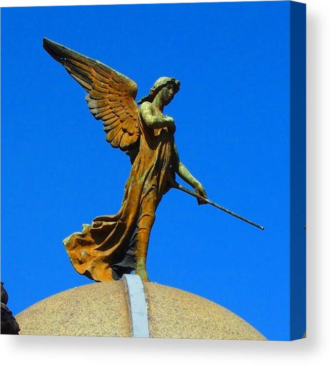 Travel Canvas Print featuring the photograph Amazing Angel Against The Bluest Sky In by Dante Harker