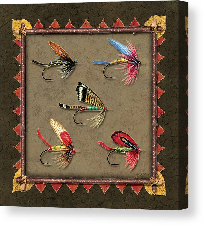 Jon Q Wright Jq Licensing Trout Fly Flyfishing Brown Trout Rainbow Trout Brook Trout Cutthroat Trout Fishing Lodge Cabin Canvas Print featuring the painting Antique Fly Panel by JQ Licensing