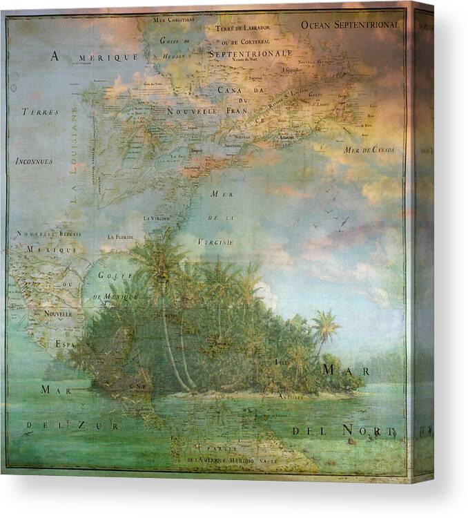 American Canvas Print featuring the photograph Antique Vintage Map of North America Tropical Ocean by Debra and Dave Vanderlaan