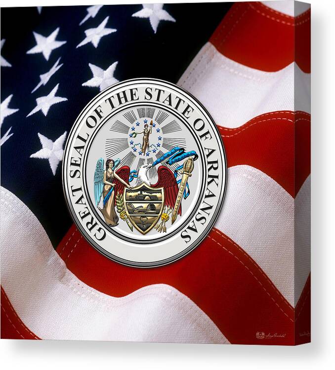 'state Heraldry' Collection By Serge Averbukh Canvas Print featuring the digital art Arkansas State Seal over U.S. Flag by Serge Averbukh