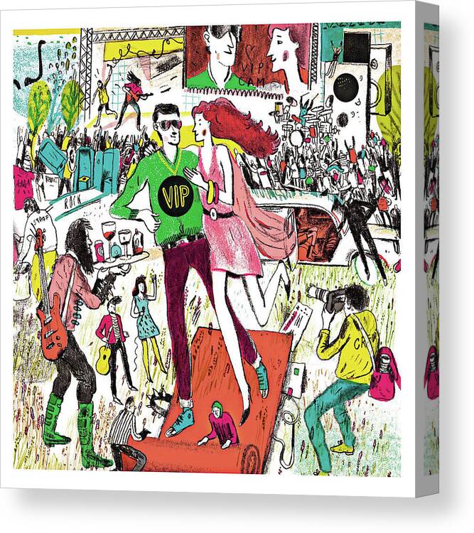 Large Group Of People Canvas Print featuring the drawing Arrival of celebrity by Peter Oumanski