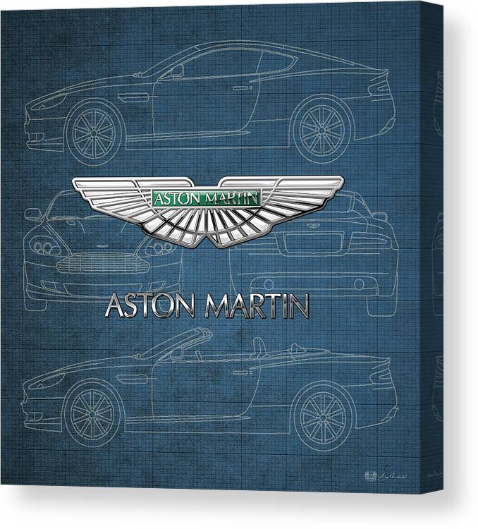 Wheels Of Fortune By Serge Averbukh Canvas Print featuring the photograph Aston Martin 3 D Badge over Aston Martin D B 9 Blueprint by Serge Averbukh