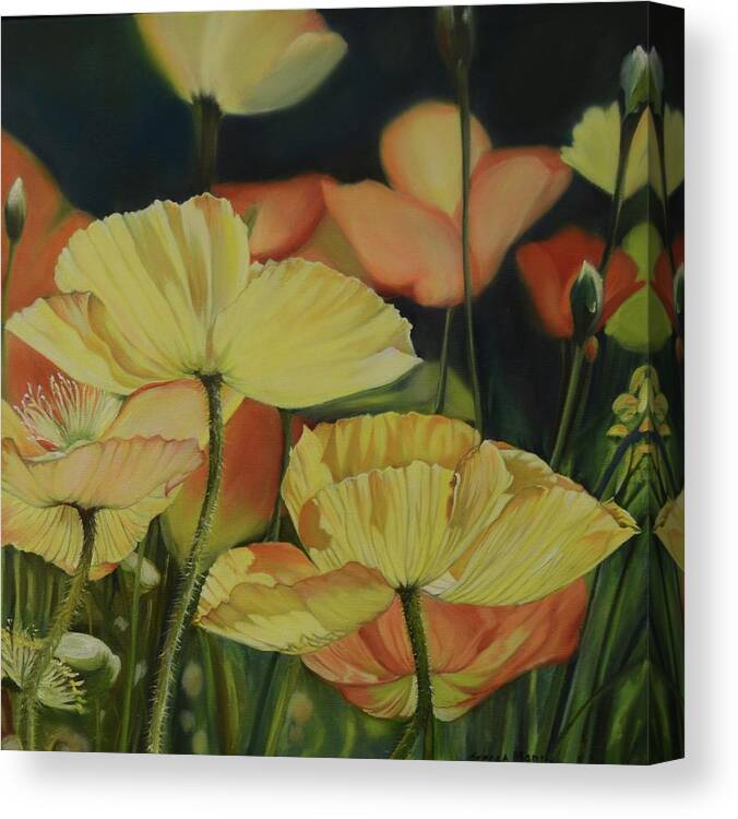 #poppies #flowers #flower #yellow #nature #floral #florals #landscape #leaves #orange #peace #landscape #landscapes #bright Canvas Print featuring the painting Awakening by Stella Marin